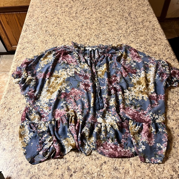 Umgee Tops - Umgee Floral Blouse - Blue and Pink 2x